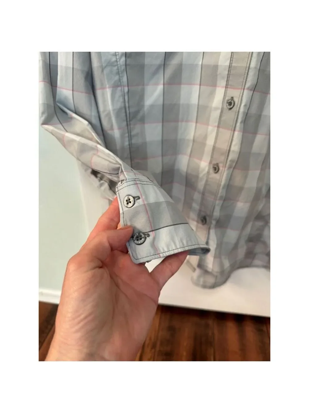The North Face Grey and Pink Plaid Long Sleeve Button Up Shirt - Size L
